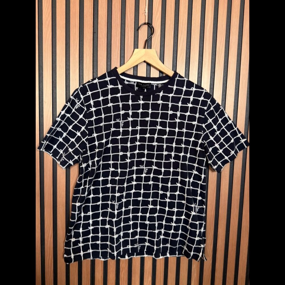 Ted Baker T Shirt 4 / XL Womens Blue Navy Rope Plaid Regular Fit Graphic Tee